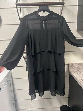 Sandra Darren Black Layered Chiffon Long-Sleeve Dress